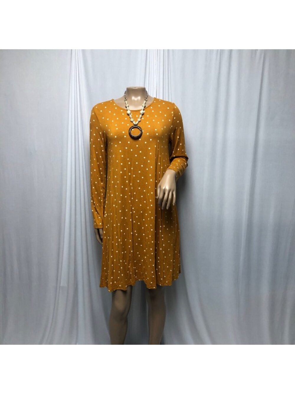 Old Navy Dress Womens Size Medium Mustard White Polka Dots Long Sleeve Comfy